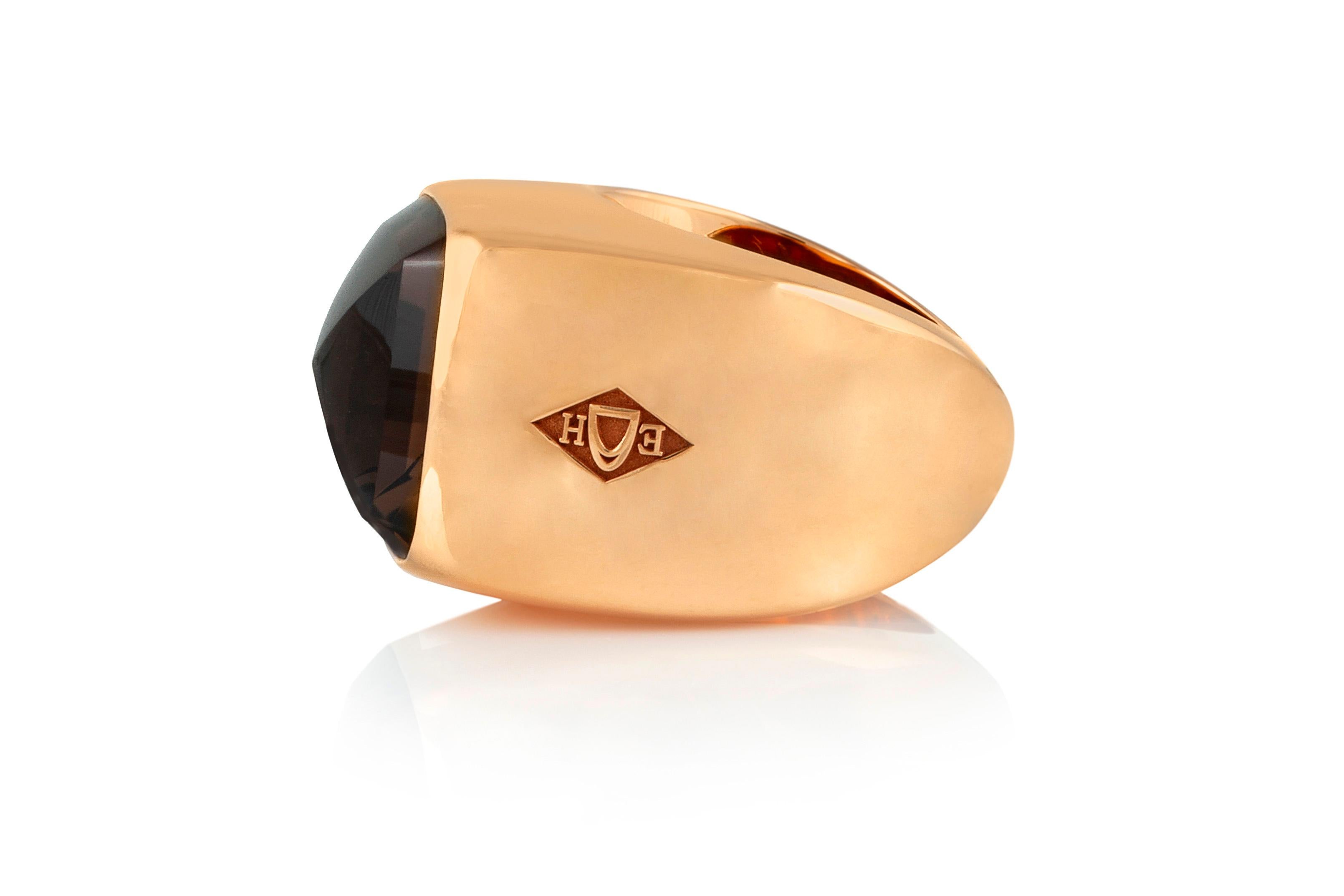 Square Cut Hermes Emile Gold Ring with Smoky Quartz