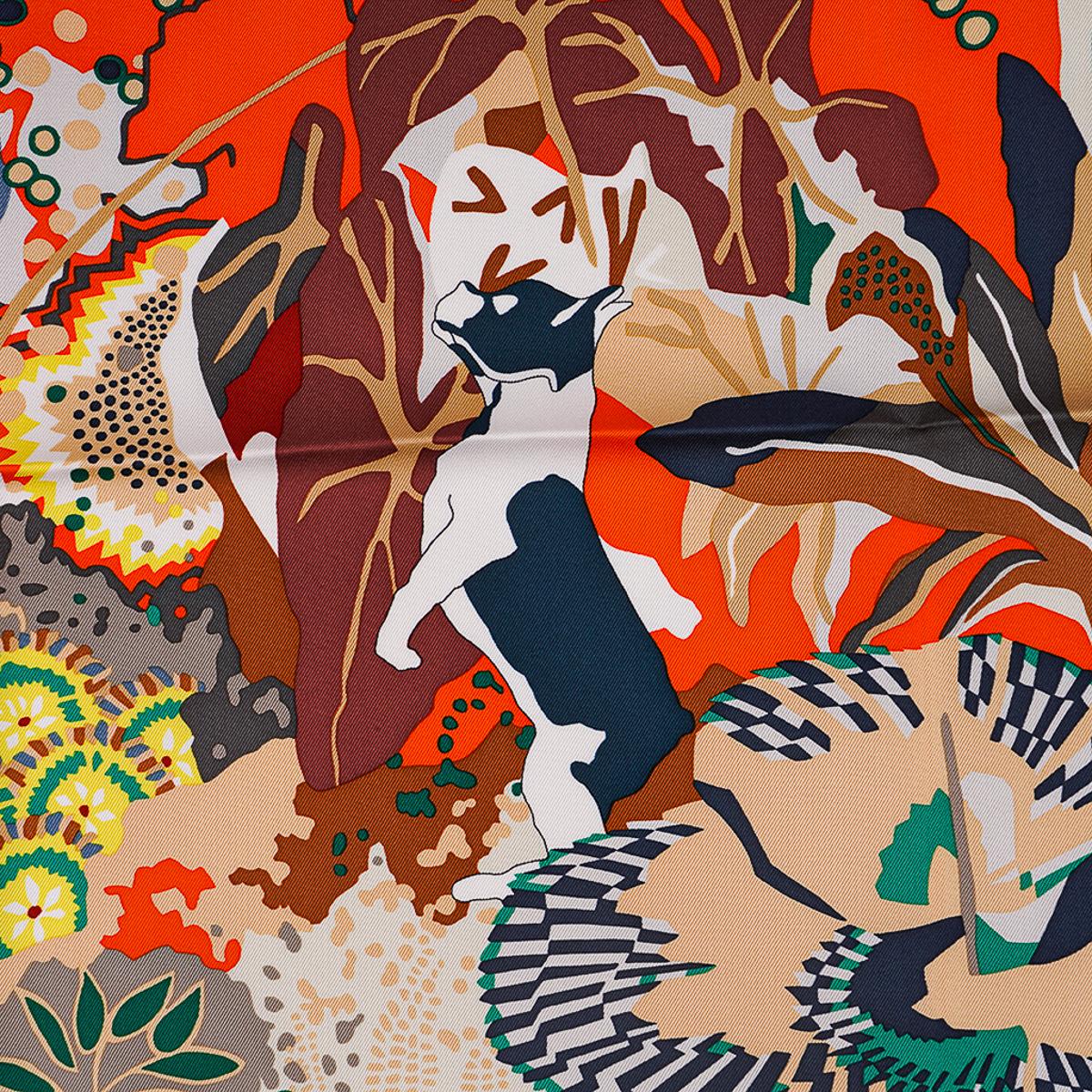 Mightychic offers an Hermes En Liberte! scarf featured in Orange, Vert and Blanc colorway.
Designed by Carine Brancowitz this delightful scene reveals pooches frolicking with the Villa Borghese gardens revealed and the city of Rome in the