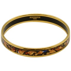 Retro Hermes Enamel and Gold Narrow Pheasant Motif Bangle Bracelet