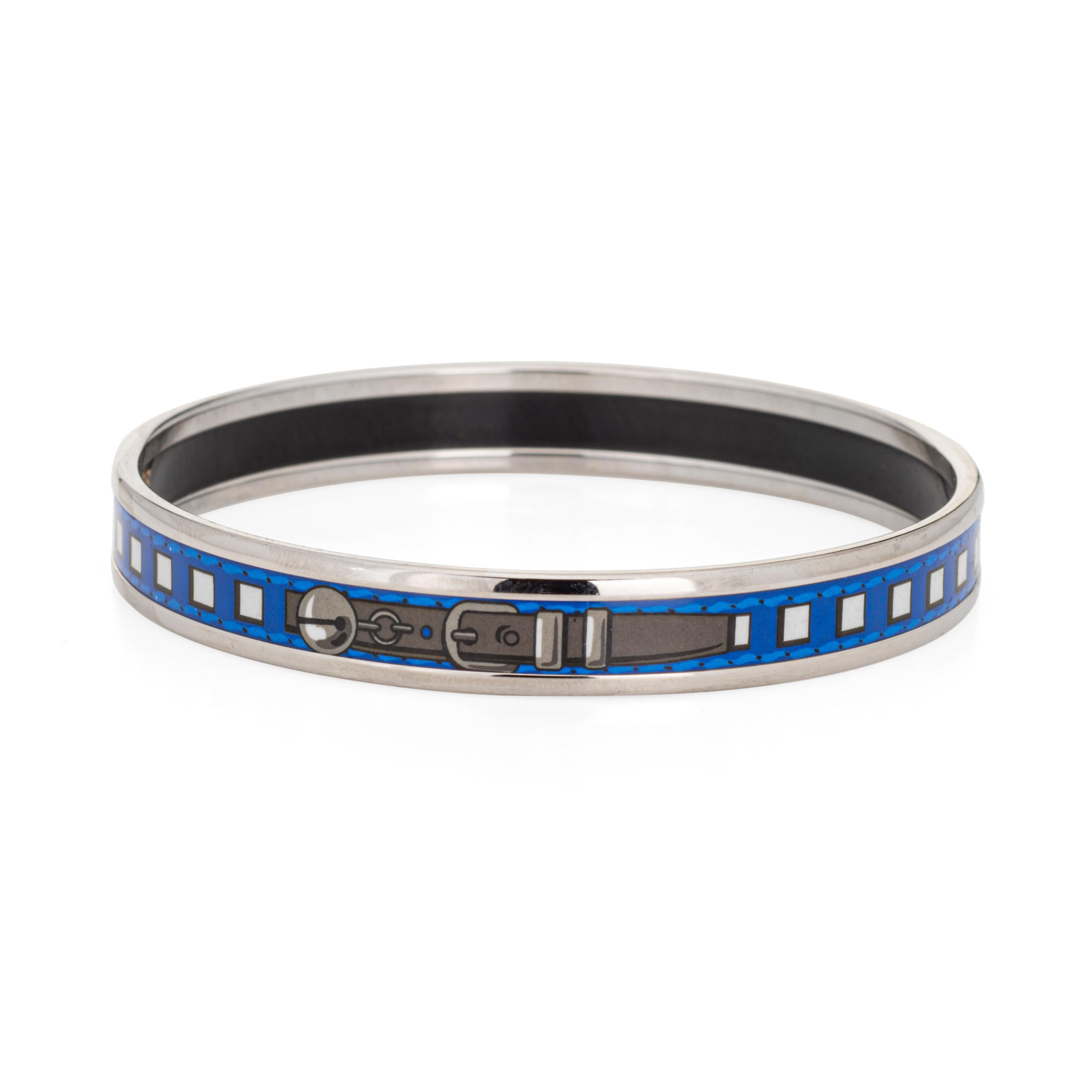 Hermes Enamel Bangle Bracelet Blue Square Belt Motif Narrow 65 Size Small In Good Condition For Sale In Torrance, CA