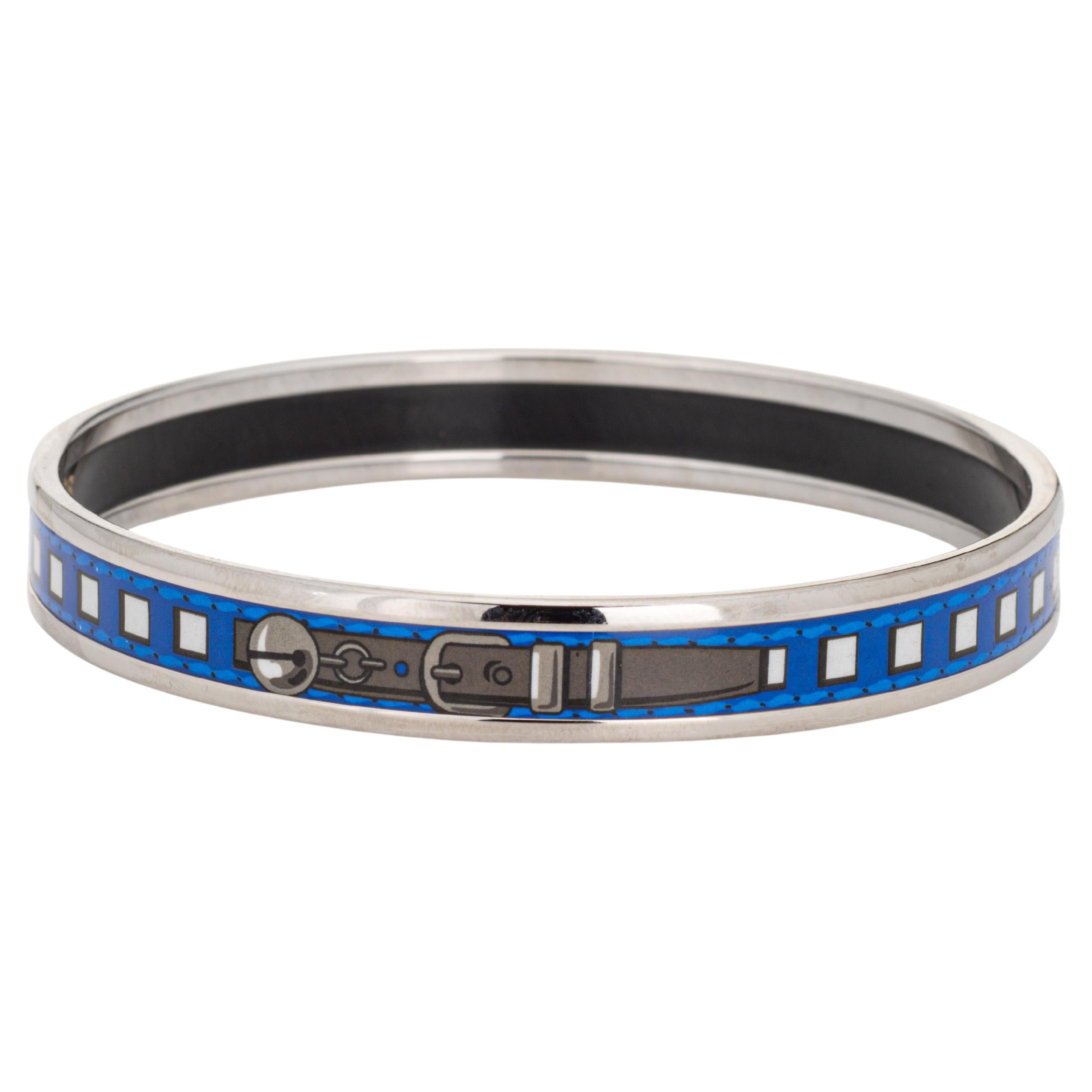Hermes Enamel Bangle Bracelet Blue Square Belt Motif Narrow 65 Size Small For Sale