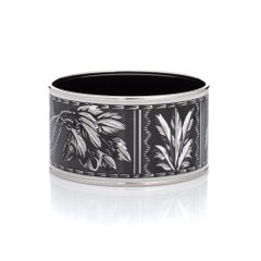 Hermes Enamel Bangle Bracelet Extra Wide 65 PM Feather Pattern Black White