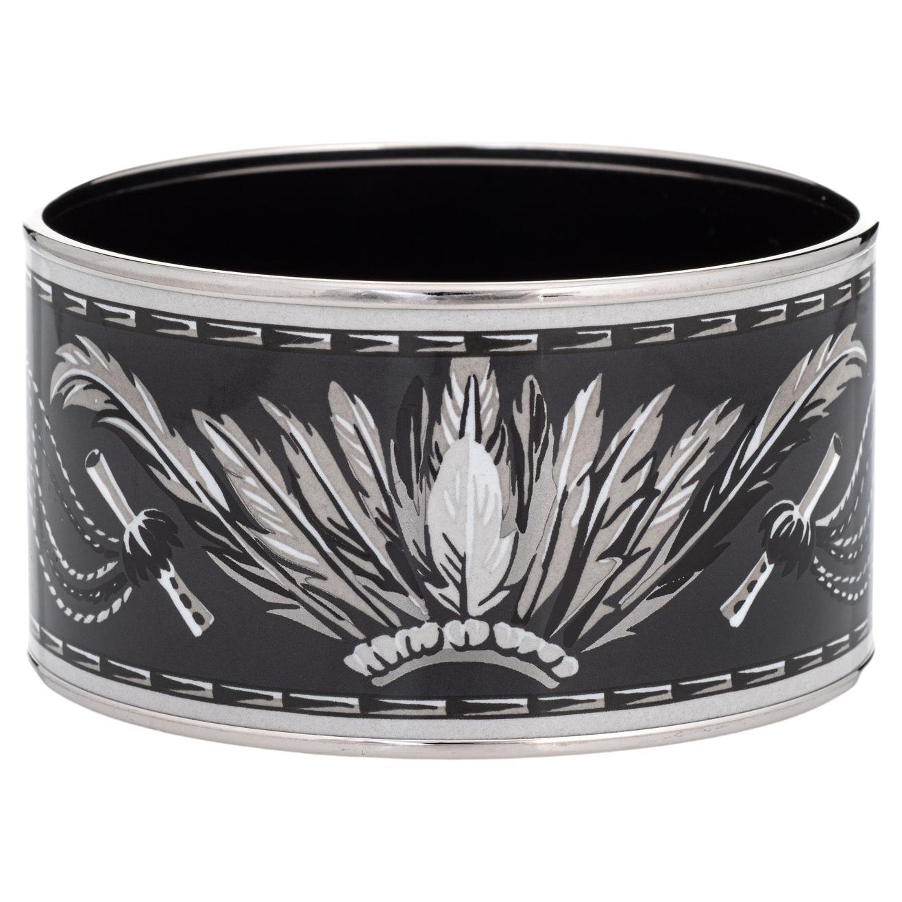 Hermes Enamel Bangle Bracelet Extra Wide 65 PM Feather Pattern Black White