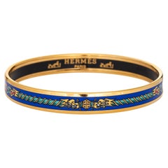 Retro Hermes Enamel Bangle Bracelet Narrow 65 GM Flags Royal Blue Print 1990s