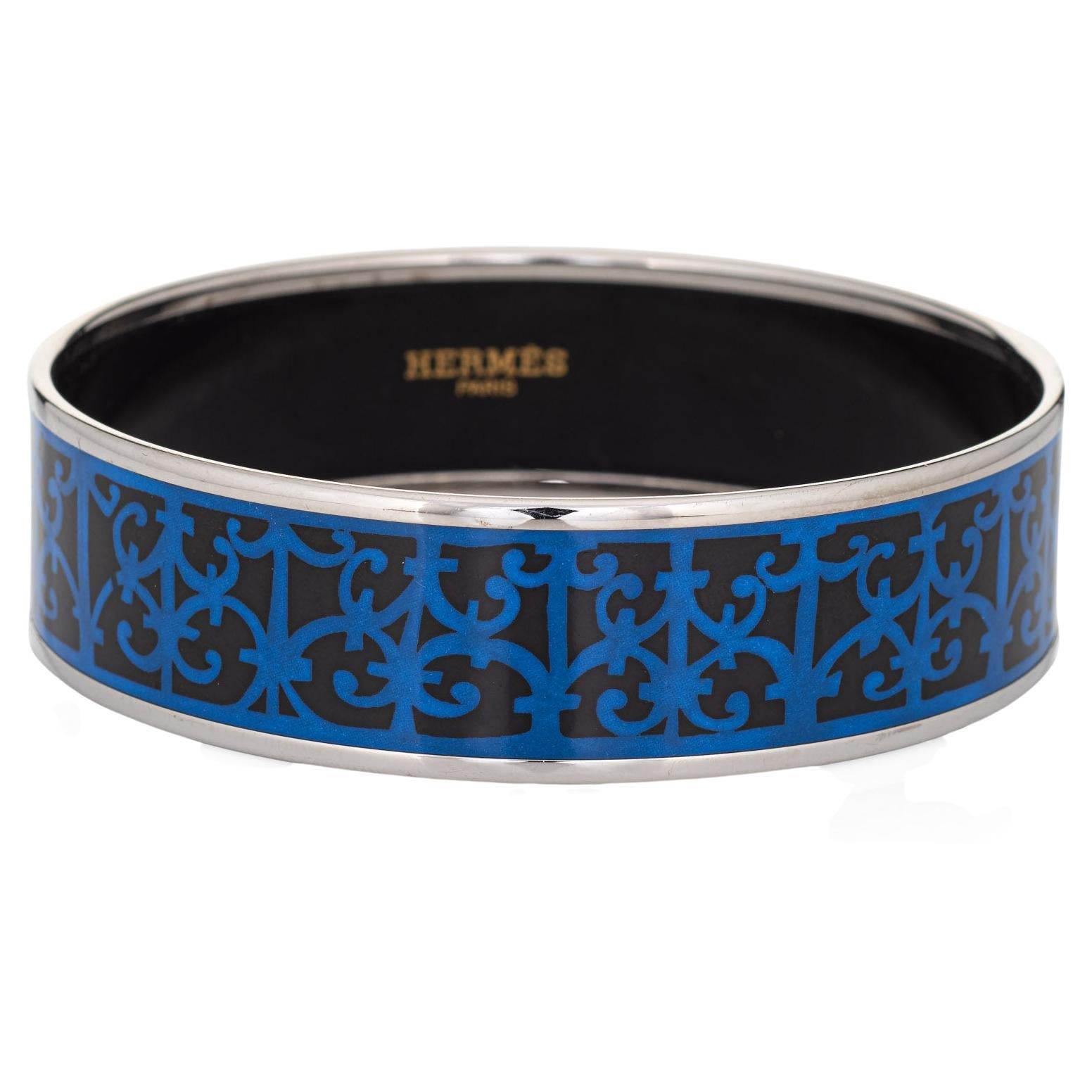 Hermes Enamel Bangle Bracelet Wide 65 GM Blue Black Pattern Palladium For Sale
