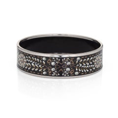 Hermes Enamel Bangle Bracelet Wide 65 GM Flower Pattern Black White Gold