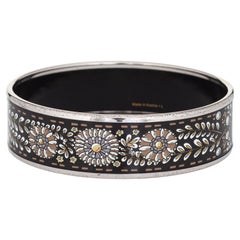 Hermes Enamel Bangle Bracelet Wide 65 GM Flower Pattern Black White Gold