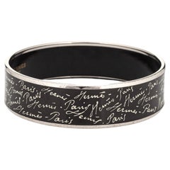 Hermes Enamel Bangle Bracelet Wide 65 PM Black White Script Paris