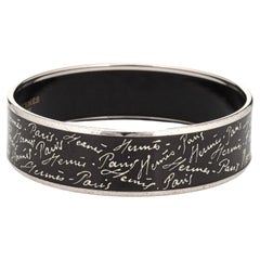 Hermes Enamel Bangle Bracelet Wide 65 PM Black White Script Paris 