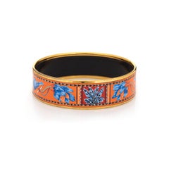 Hermes Enamel Bangle Bracelet Wide 65 PM Feather Pattern Blue Orange Turquoise