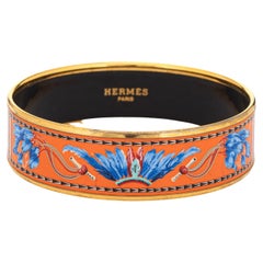 Vintage Hermes Enamel Bangle Bracelet Wide 65 PM Feather Pattern Blue Orange Turquoise