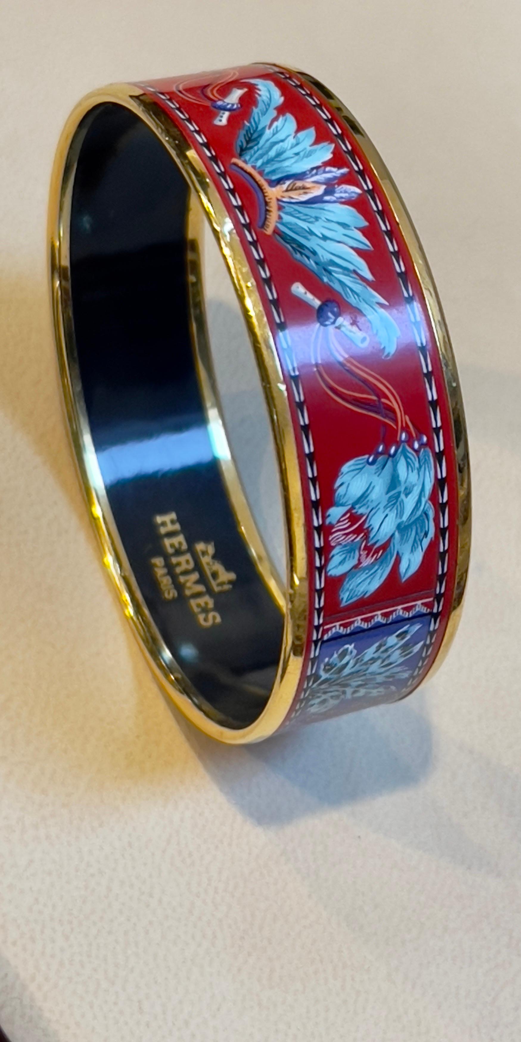 Hermes Enamel Bangle Bracelet Wide 65 PM Feather Pattern Blue Red Turquoise Gold 3