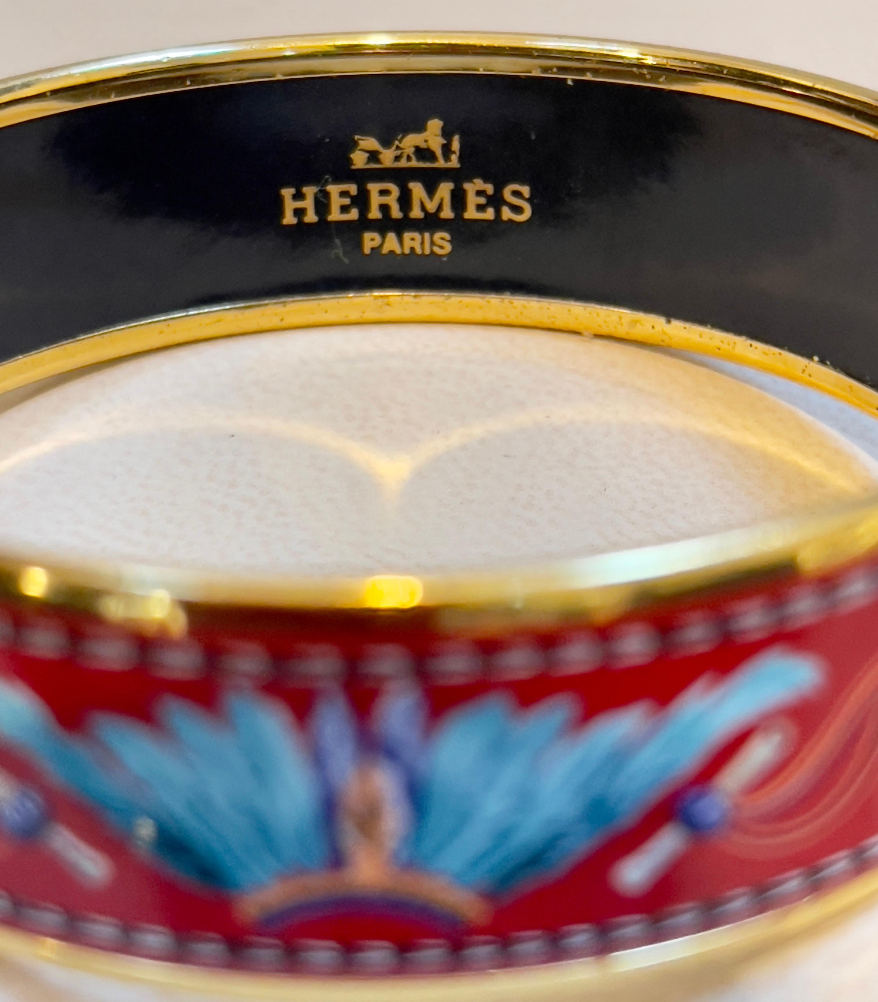 Hermes Enamel Bangle Bracelet Wide 65 PM Feather Pattern Blue Red Turquoise Gold 4