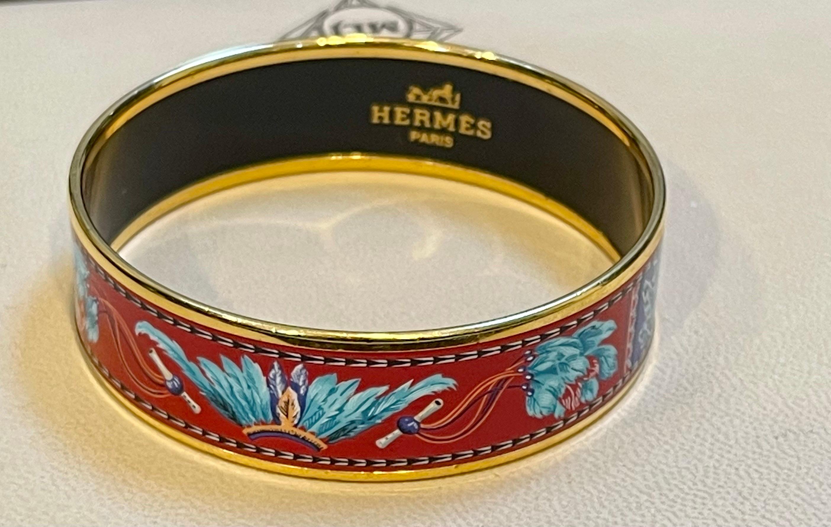 Hermes Enamel Bangle Bracelet Wide 65 PM Feather Pattern Blue Red Turquoise Gold 5
