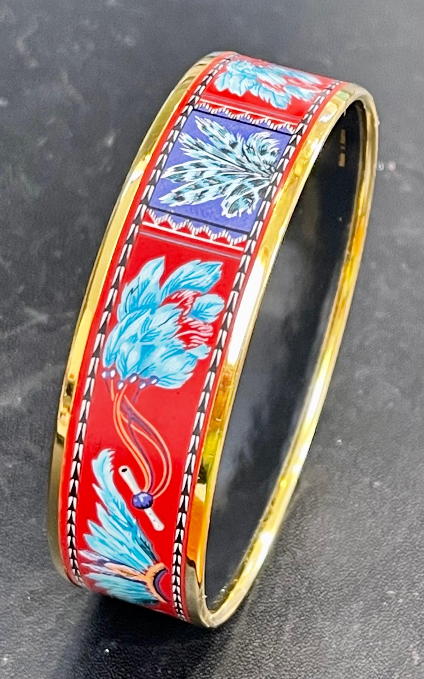 Hermes Enamel Bangle Bracelet Wide 65 PM Feather Pattern Blue Red Turquoise Gold 6