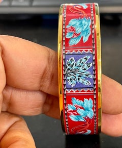 Hermes Enamel Bangle Bracelet Wide 65 PM Feather Pattern Blue Red Turquoise Gold