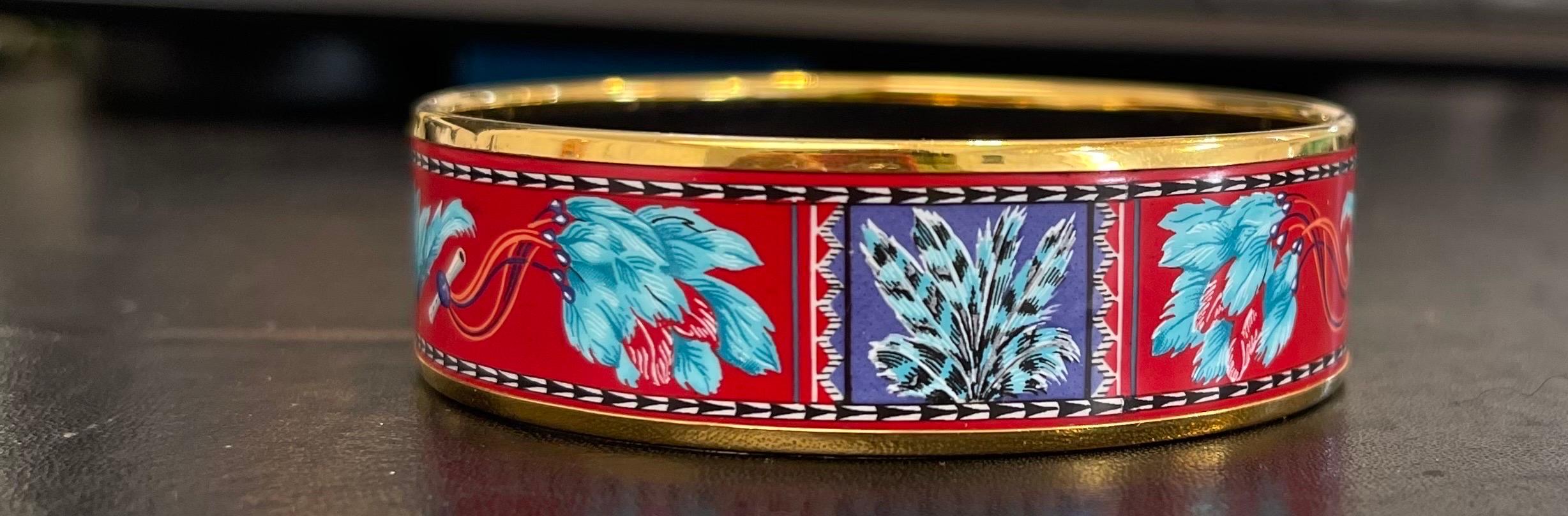 Hermes Enamel Bangle Bracelet Wide 65 PM Feather Pattern Blue Red Turquoise Gold In Excellent Condition In New York, NY