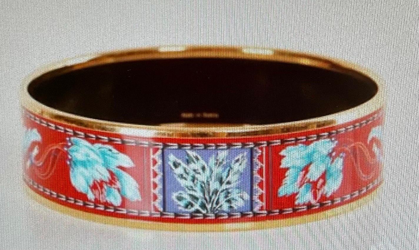 Hermes Enamel Bangle Bracelet Wide 65 PM Feather Pattern Blue Red Turquoise Gold 1