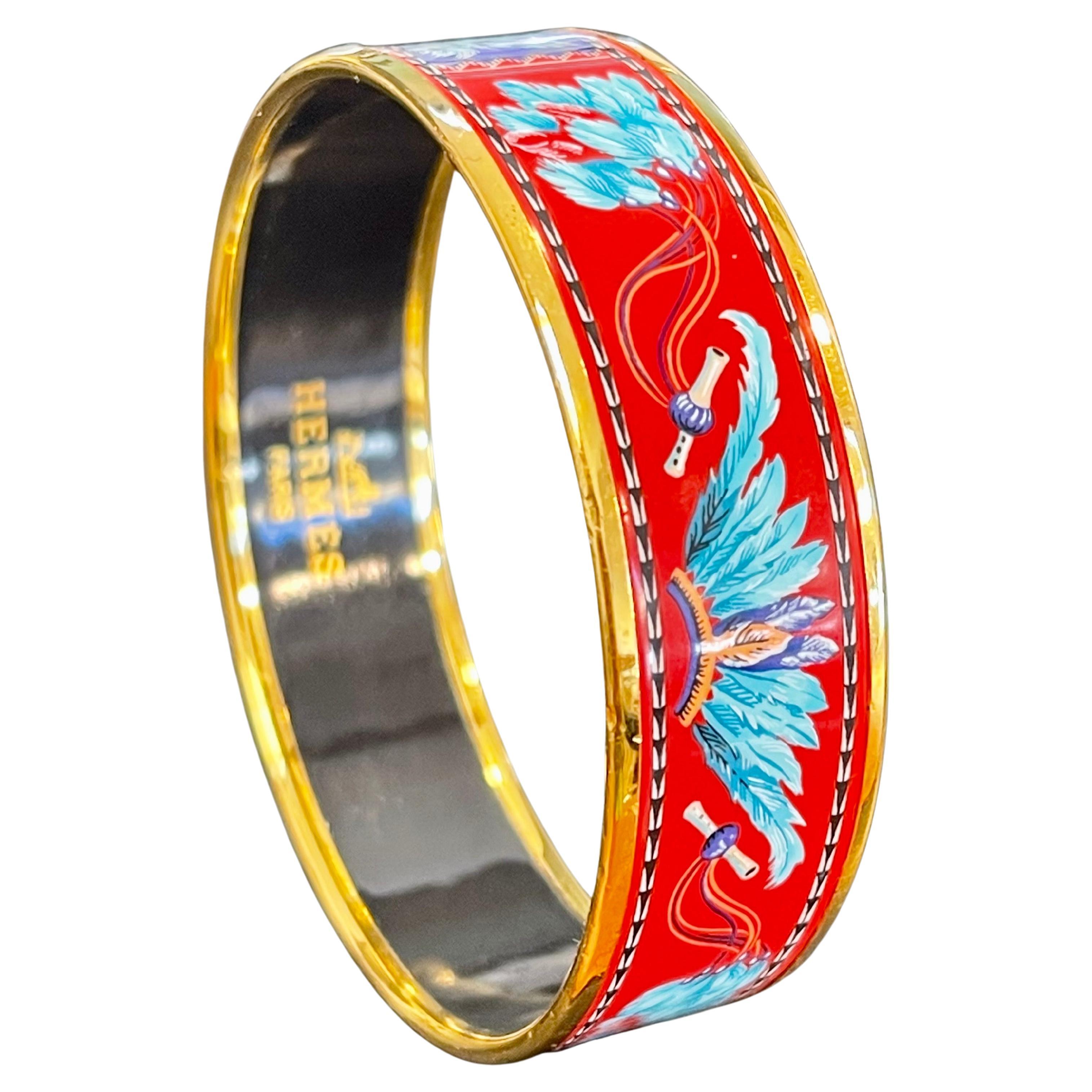 Hermes Enamel Bangle Bracelet Wide 65 PM Feather Pattern Blue Red Turquoise Gold