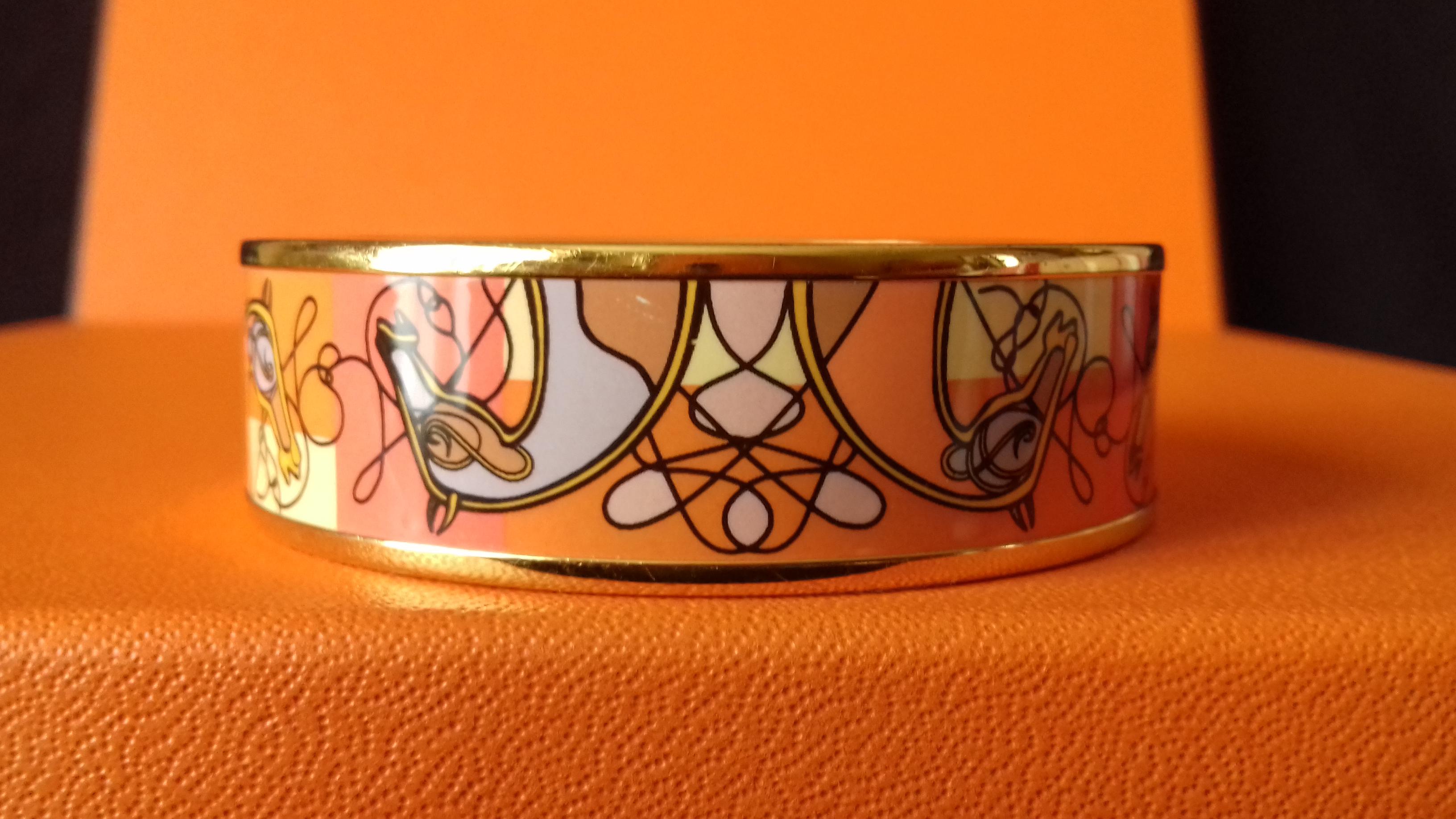 Hermès Enamel Bracelet Coup De Fouet Horse Orange Golden Hdw Wide Size 62 TPM 1