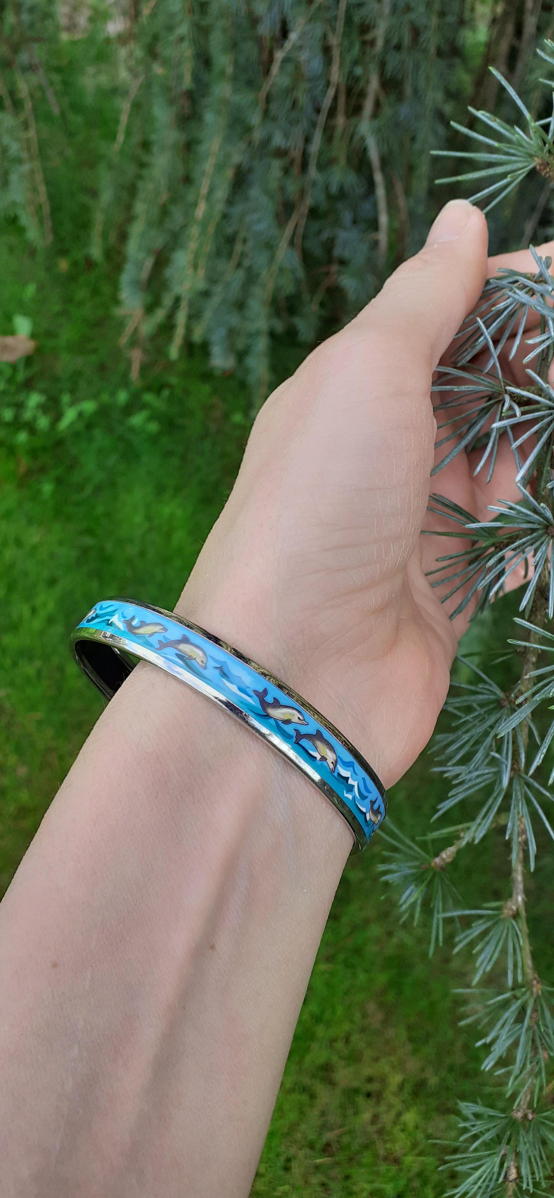 Hermès Enamel Bracelet Dolphins Sea Print Narrow Phw Size GM 70 8