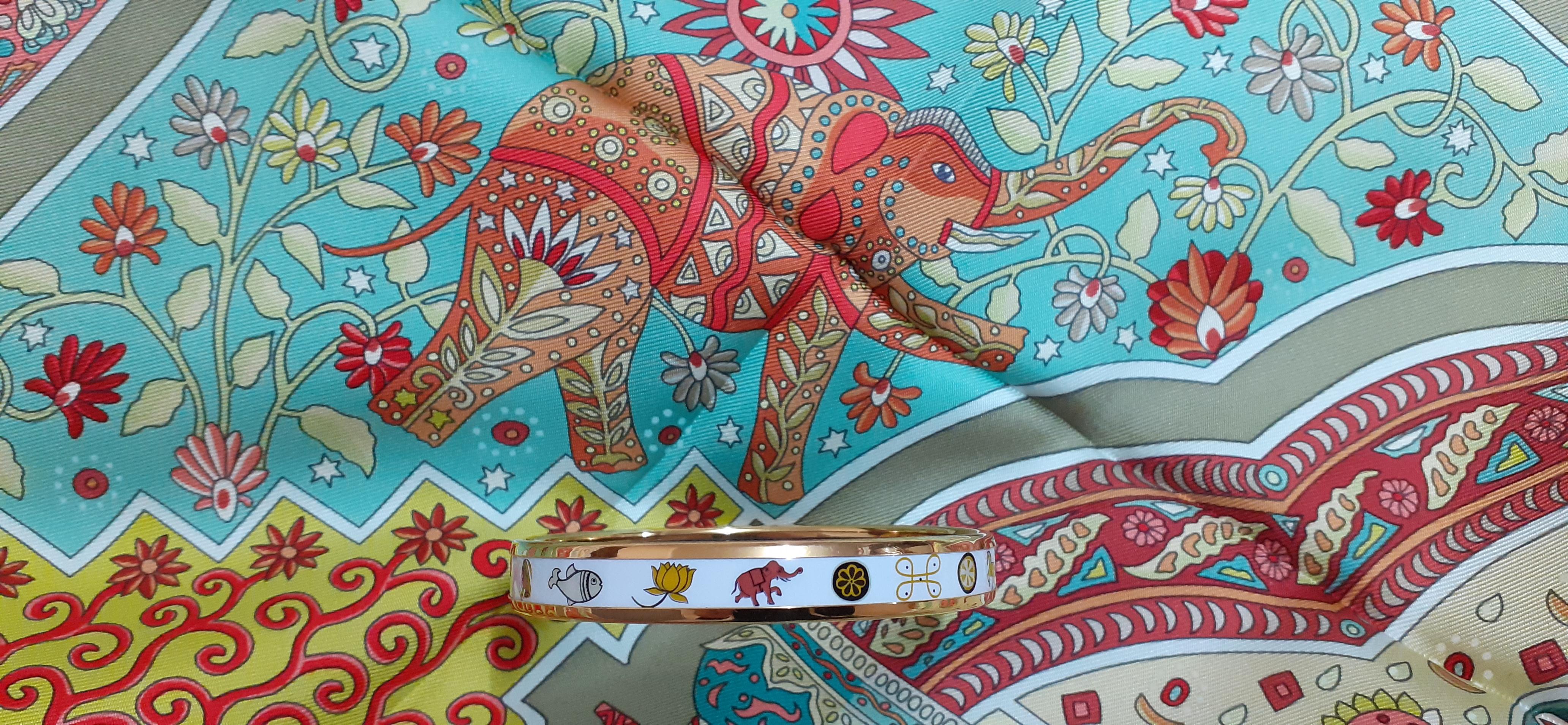 Hermès Enamel Bracelet Elephant Flower Indian Theme Narrow Ghw Size 65 For Sale 5