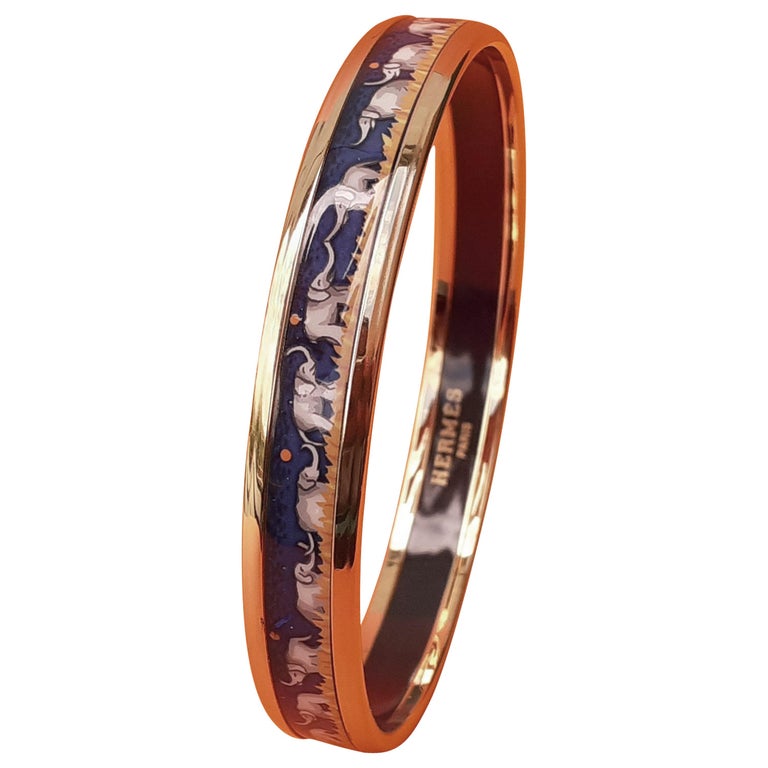 Hermès Enamel Bracelet Elephants Grazing Blue Narrow NEW Gold Hdw Size