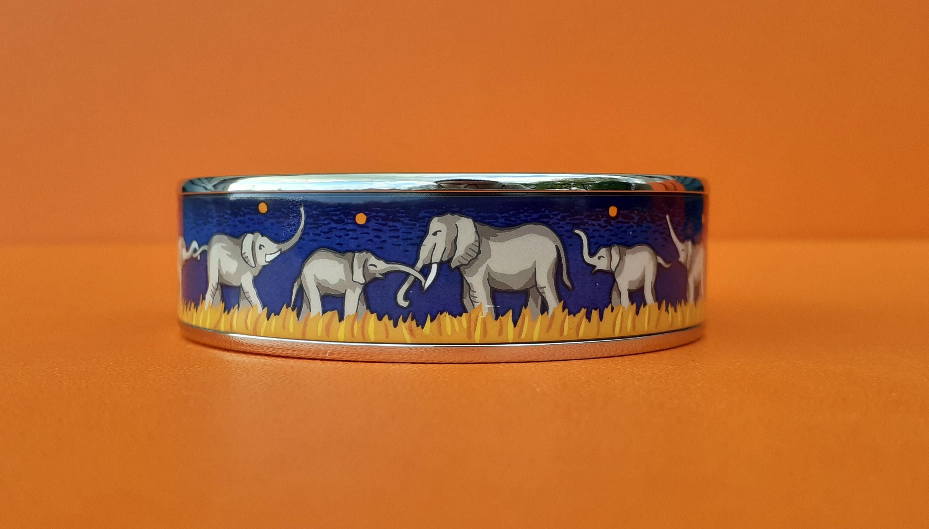Hermès Enamel Bracelet Elephants Grazing Blue New Palladium Hdw Size 65 RARE 1
