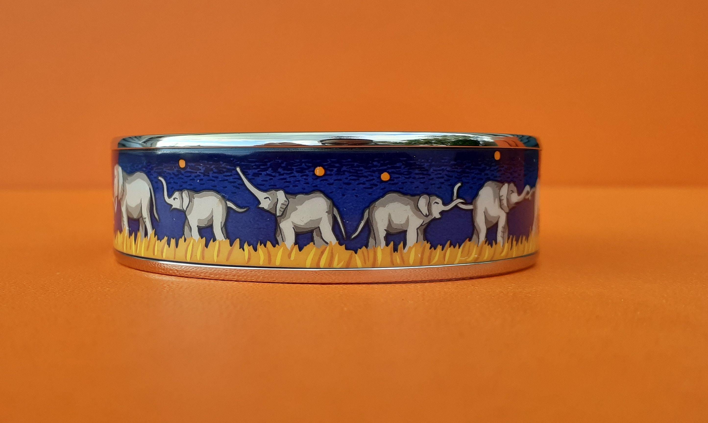 Hermès Enamel Bracelet Elephants Grazing Blue New Palladium Hdw Size 65 RARE 2
