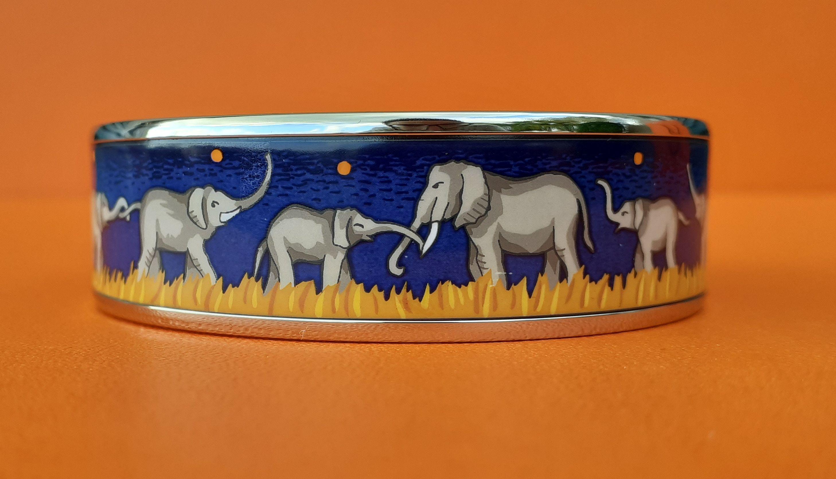 Hermès Enamel Bracelet Elephants Grazing Blue New Palladium Hdw Size 65 RARE 6