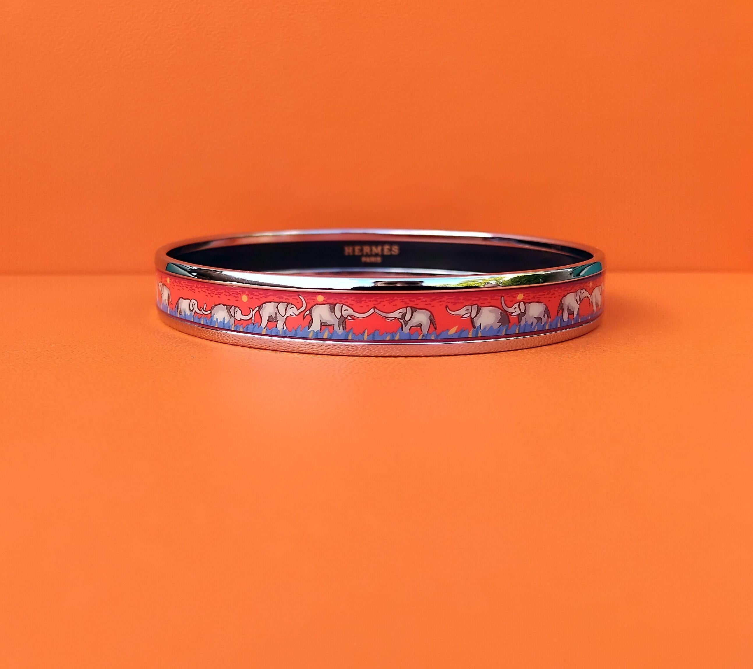 Hermès Enamel Bracelet Elephants Grazing Narrow Red New Phw Size GM 70 For Sale 1