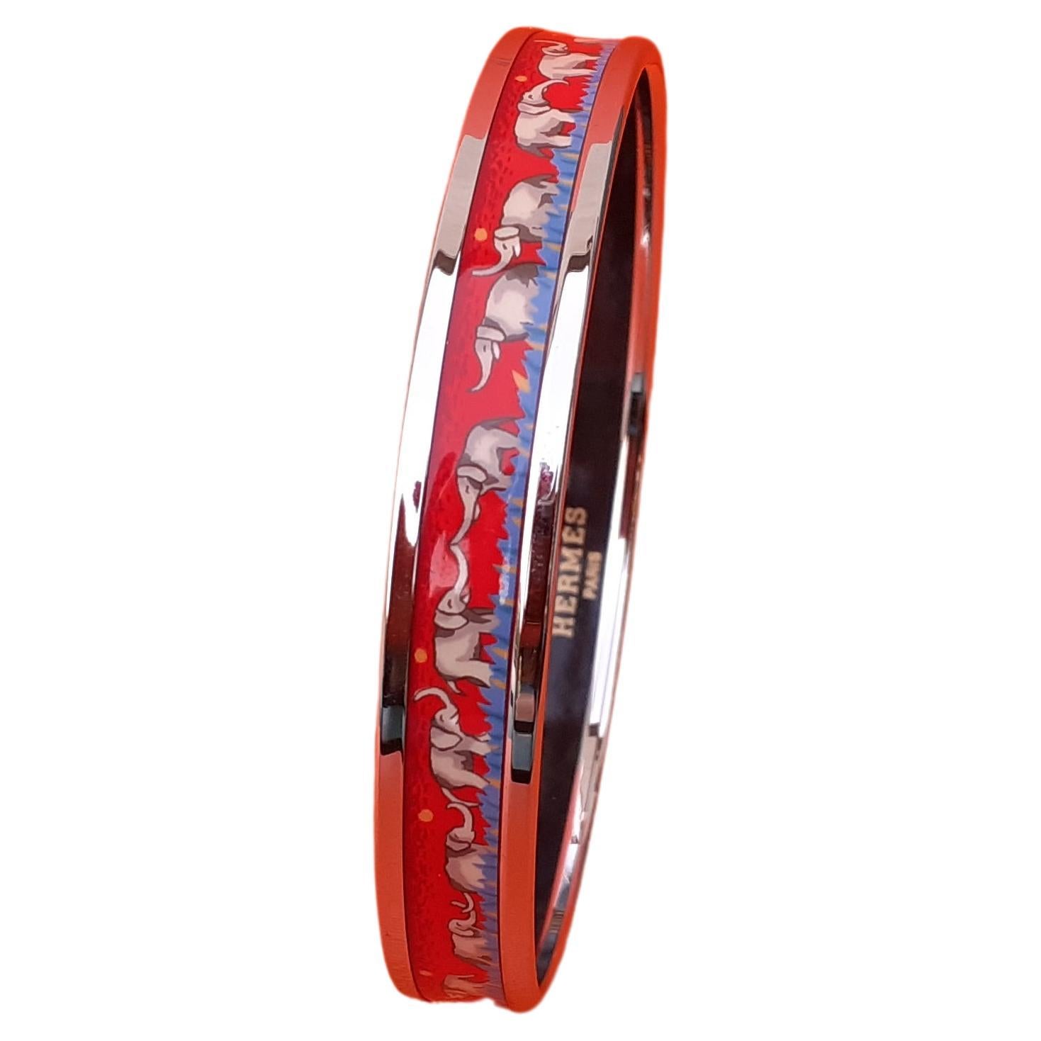 Hermès Enamel Bracelet Elephants Grazing Red Narrow NEW Palladium Hdw Size 65