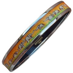 Used Hermès Enamel Bracelet Elephants Grazing Yellow Narrow NEW Phw Size 70