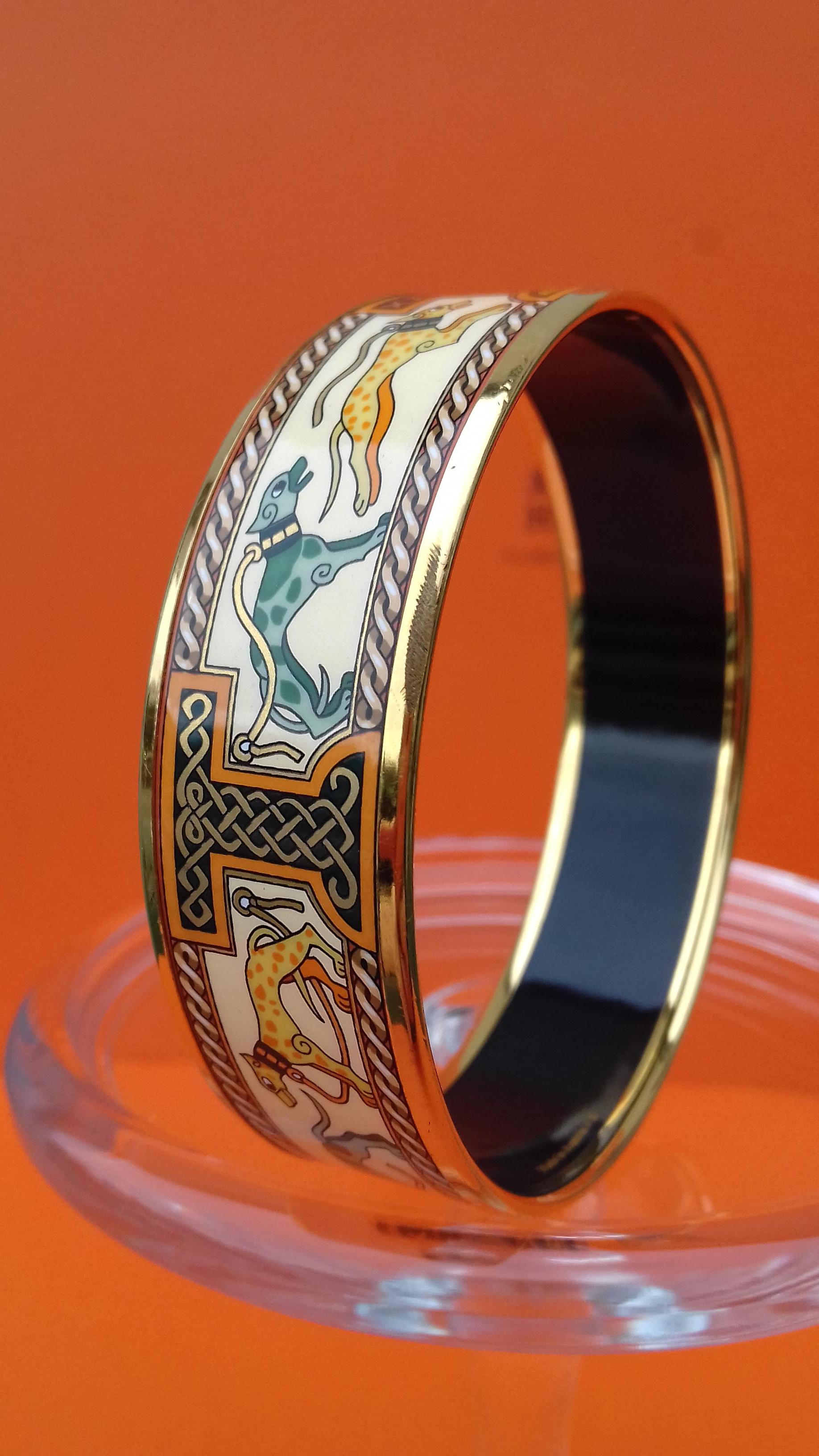 Hermès Enamel Bracelet Greyhound Dogs Levriers Golden Hdw Size 65 12