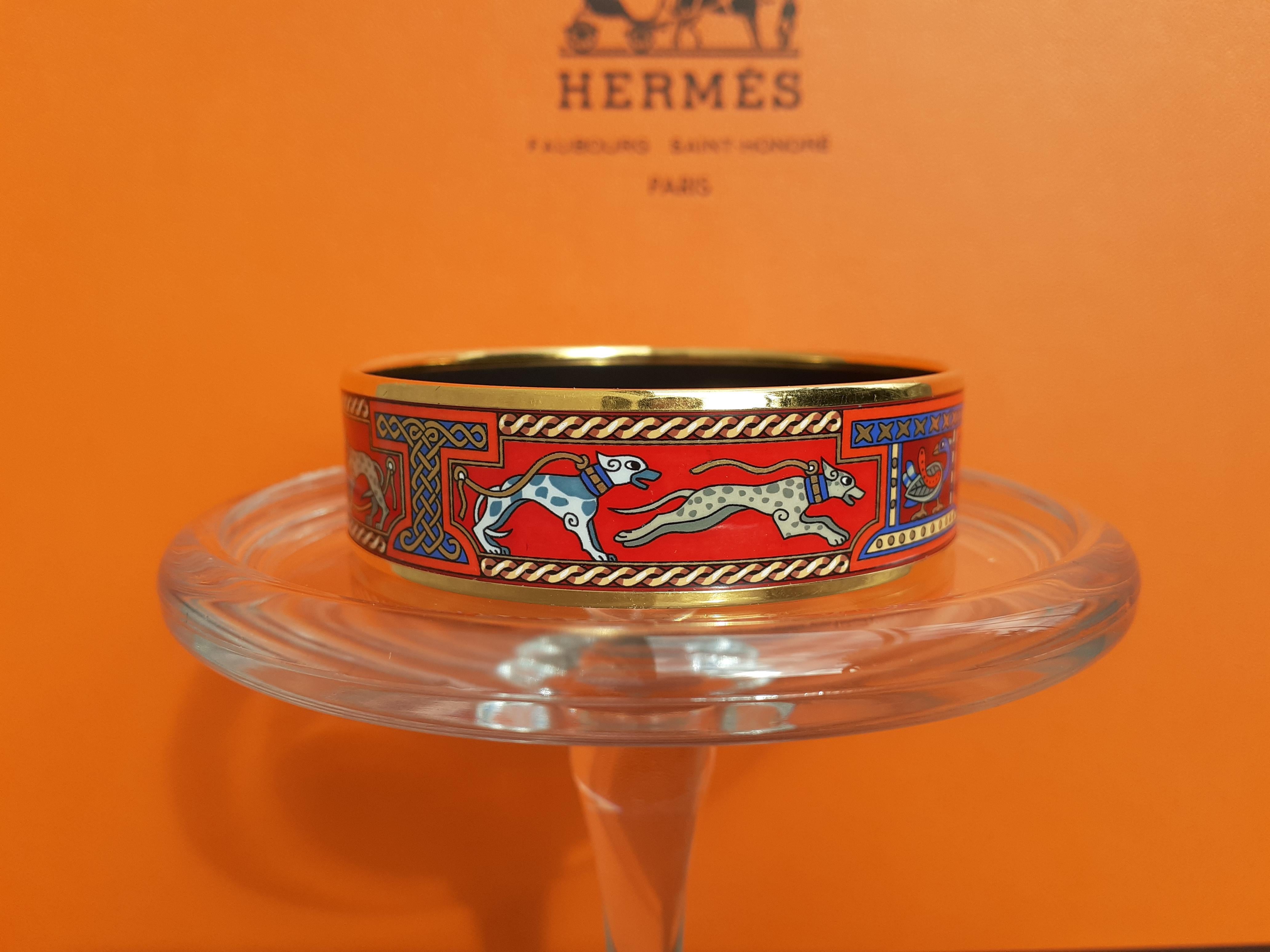 Hermès Enamel Bracelet Greyhound Dogs Levriers Red Golden Hdw Size 65 12