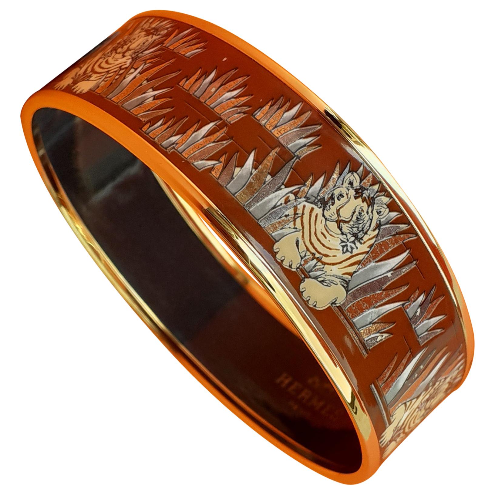 Hermès Enamel Bracelet Tigers in the Herbs Metz NEW Ghw Size GM 70 RARE