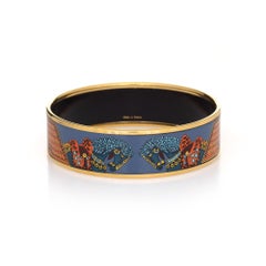 Hermes Enamel Bracelet Wide 65 PM Equestrian Horse Pattern Blue Orange Bangle