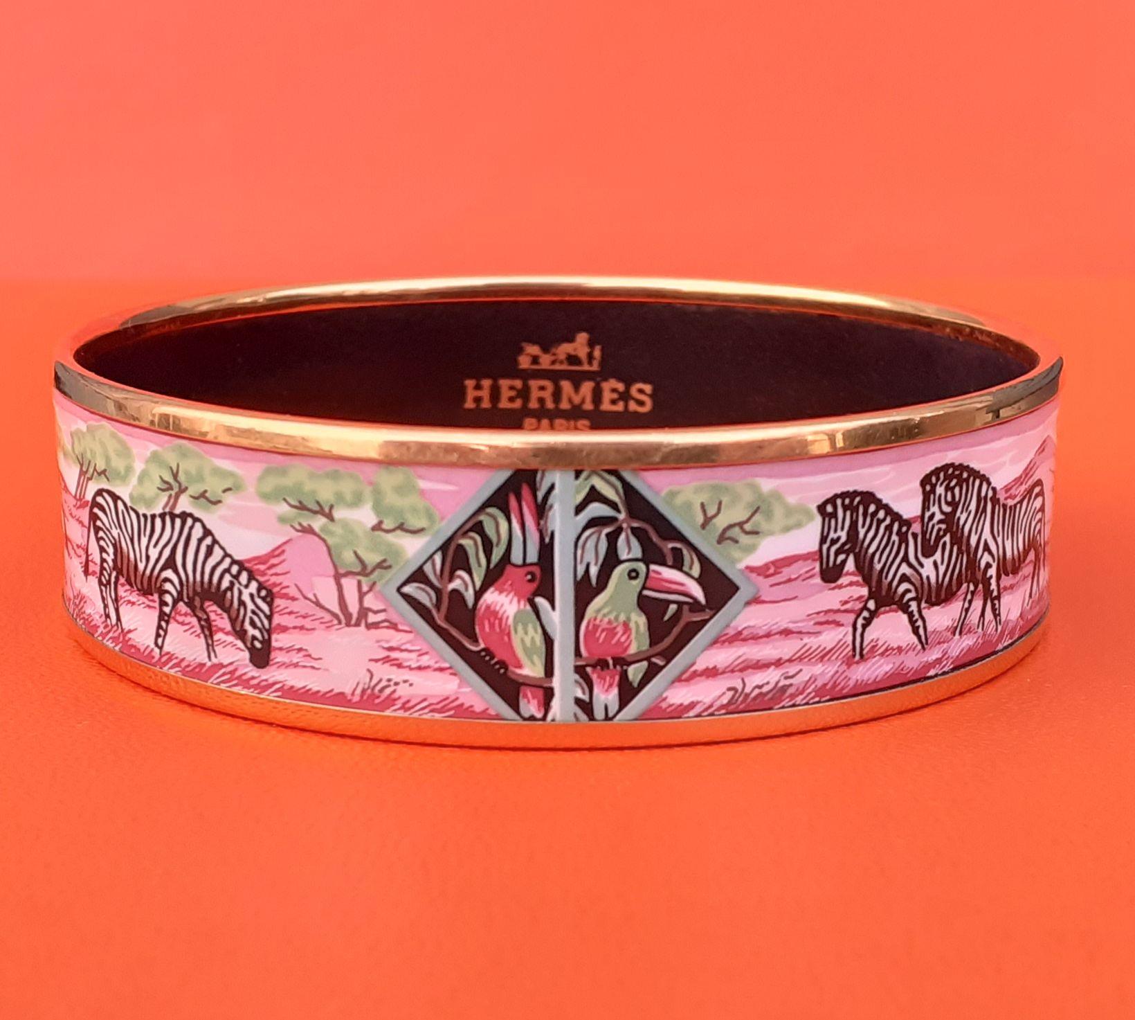 Hermès Enamel Bracelet Zebras Toucans Tropiques Pink Ghw Large Width Size 65 1