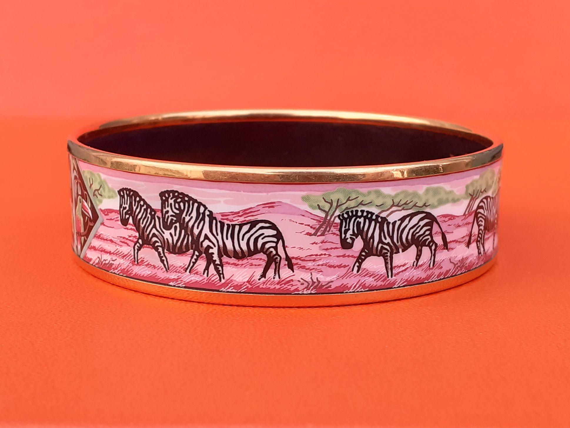 Hermès Enamel Bracelet Zebras Toucans Tropiques Pink Ghw Large Width Size 65 2