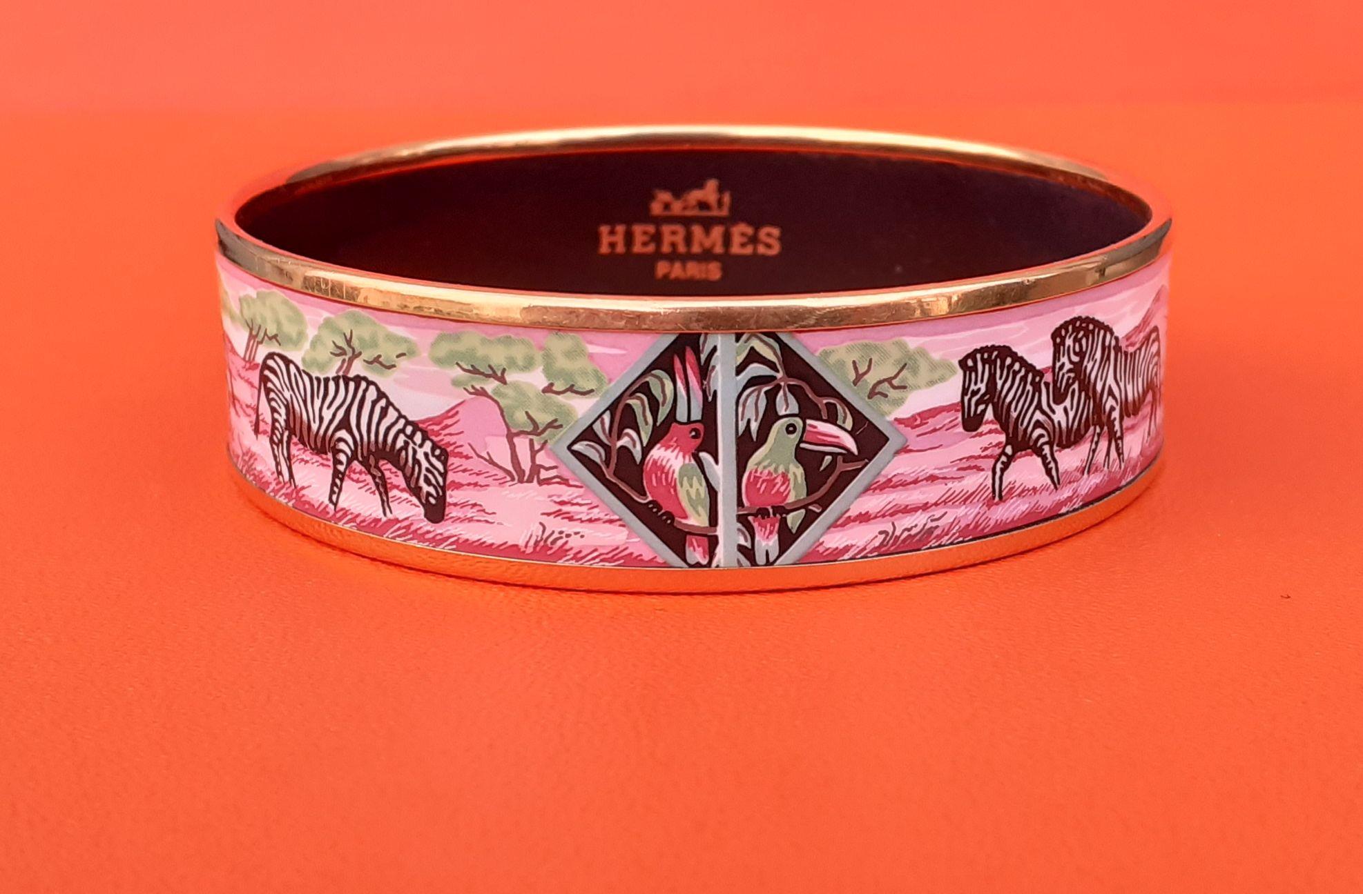 Hermès Enamel Bracelet Zebras Toucans Tropiques Pink Ghw Large Width Size 65 3