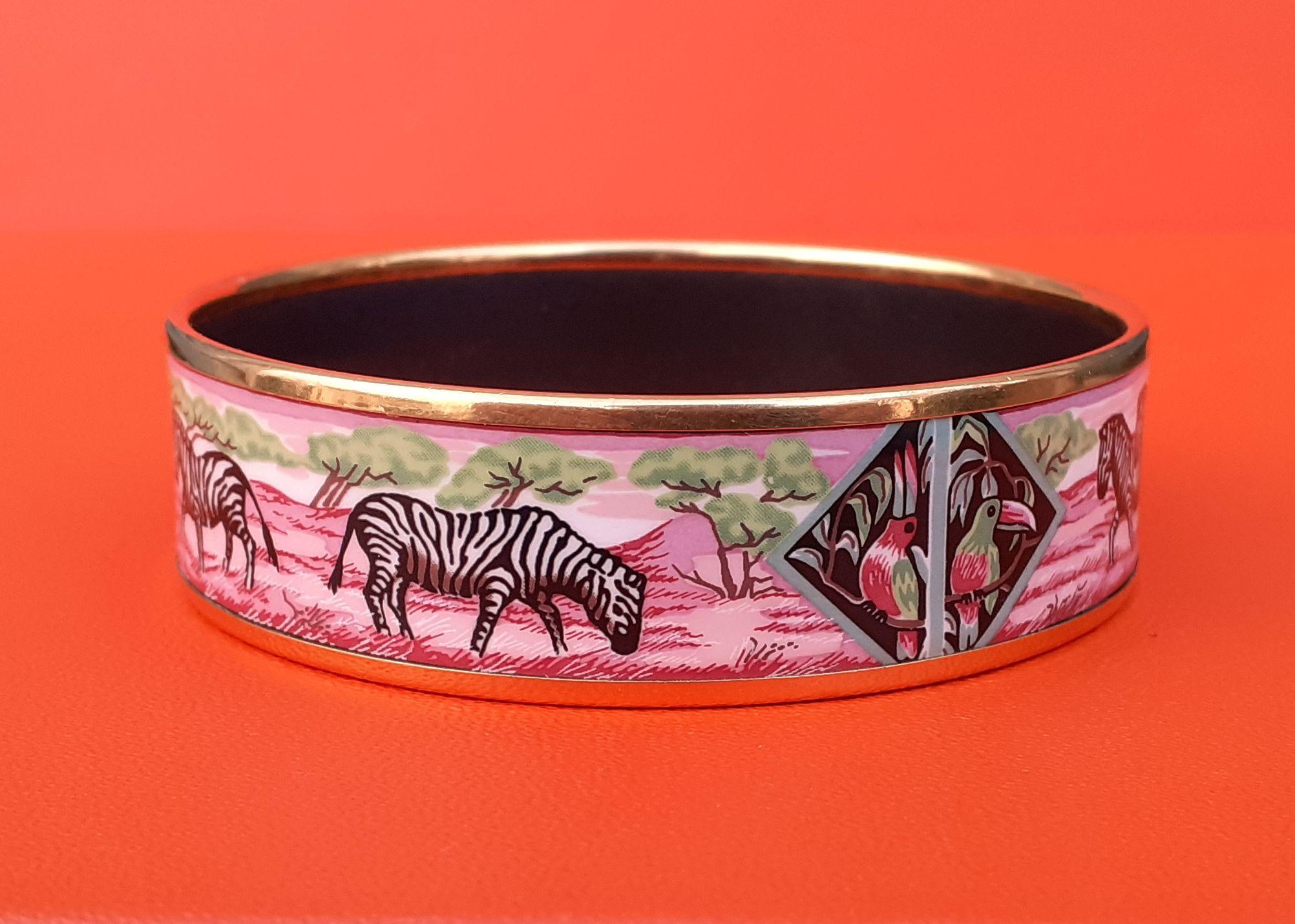 Hermès Enamel Bracelet Zebras Toucans Tropiques Pink Ghw Large Width Size 65 4