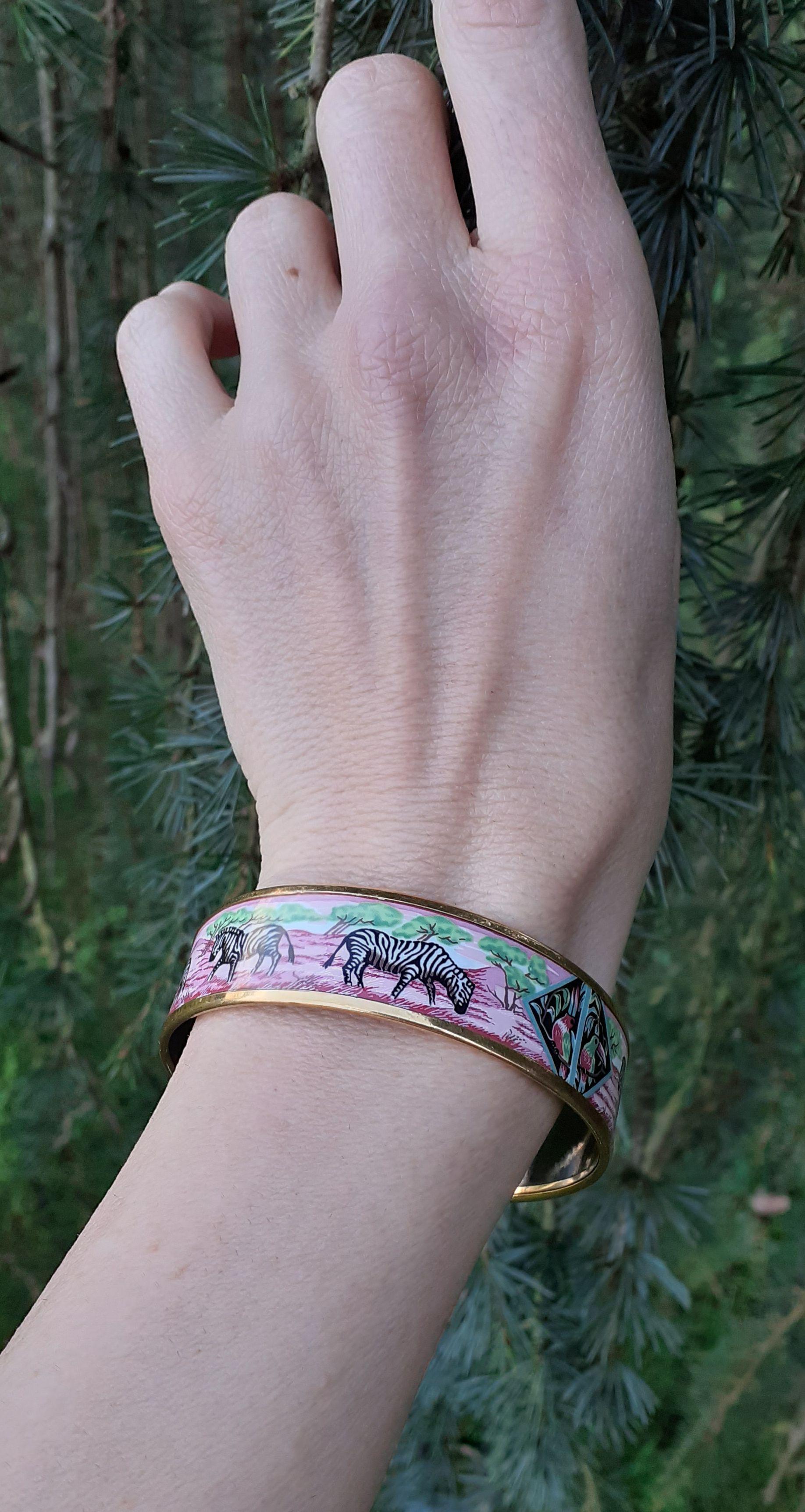 Hermès Enamel Bracelet Zebras Toucans Tropiques Pink Ghw Large Width Size 65 5