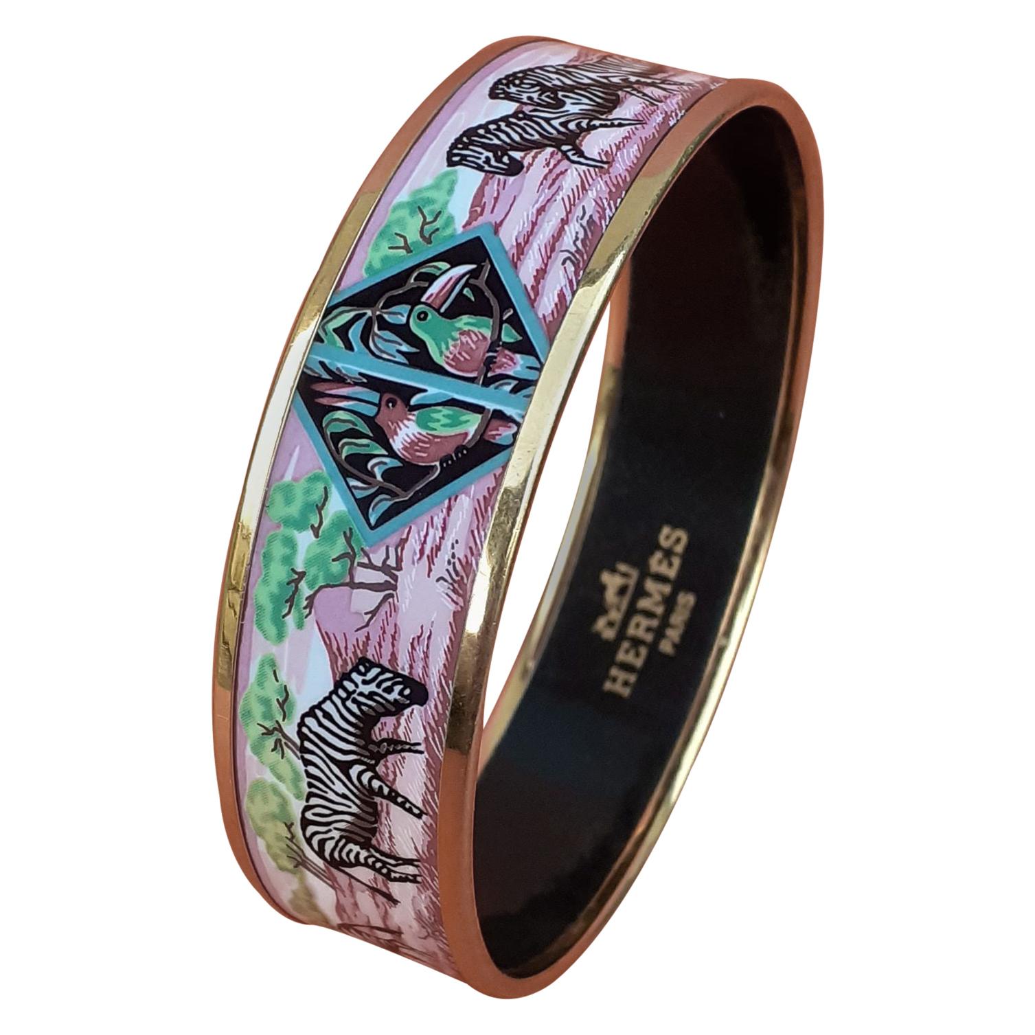 Hermès Enamel Bracelet Zebras Toucans Tropiques Pink Ghw Large Width Size 65