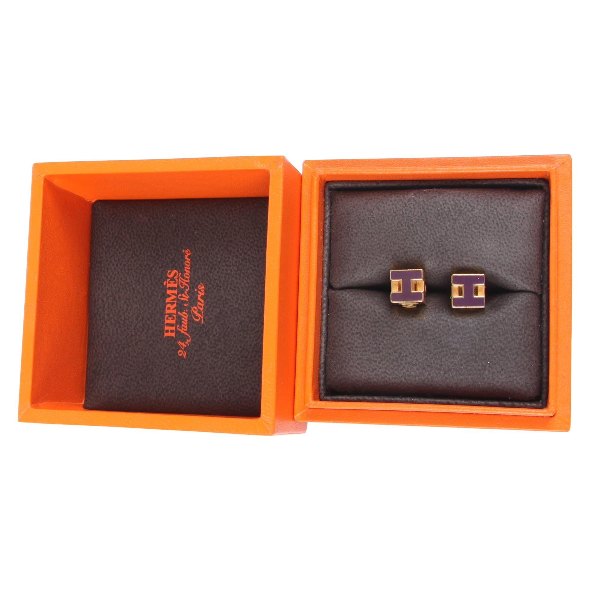 HERMES Enamel Cage d'H Cube Earrings Gold - Purple For Sale