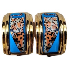 Vintage Hermès Enamel Clip-On Earrings Cheetah Leopard Print Gold Hdw 