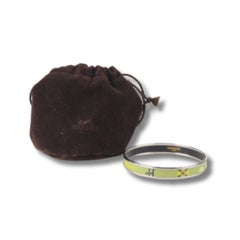 Hermes Enamel Green Narrow Bangle Bracelet Palladium Plated Rim