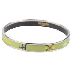 Hermes Enamel Green Narrow Bangle Bracelet Palladium Plated Rim