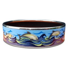 Vintage Hermès Enamel Printed Bracelet Dolphins in See Palladium Hdw Large Size 65