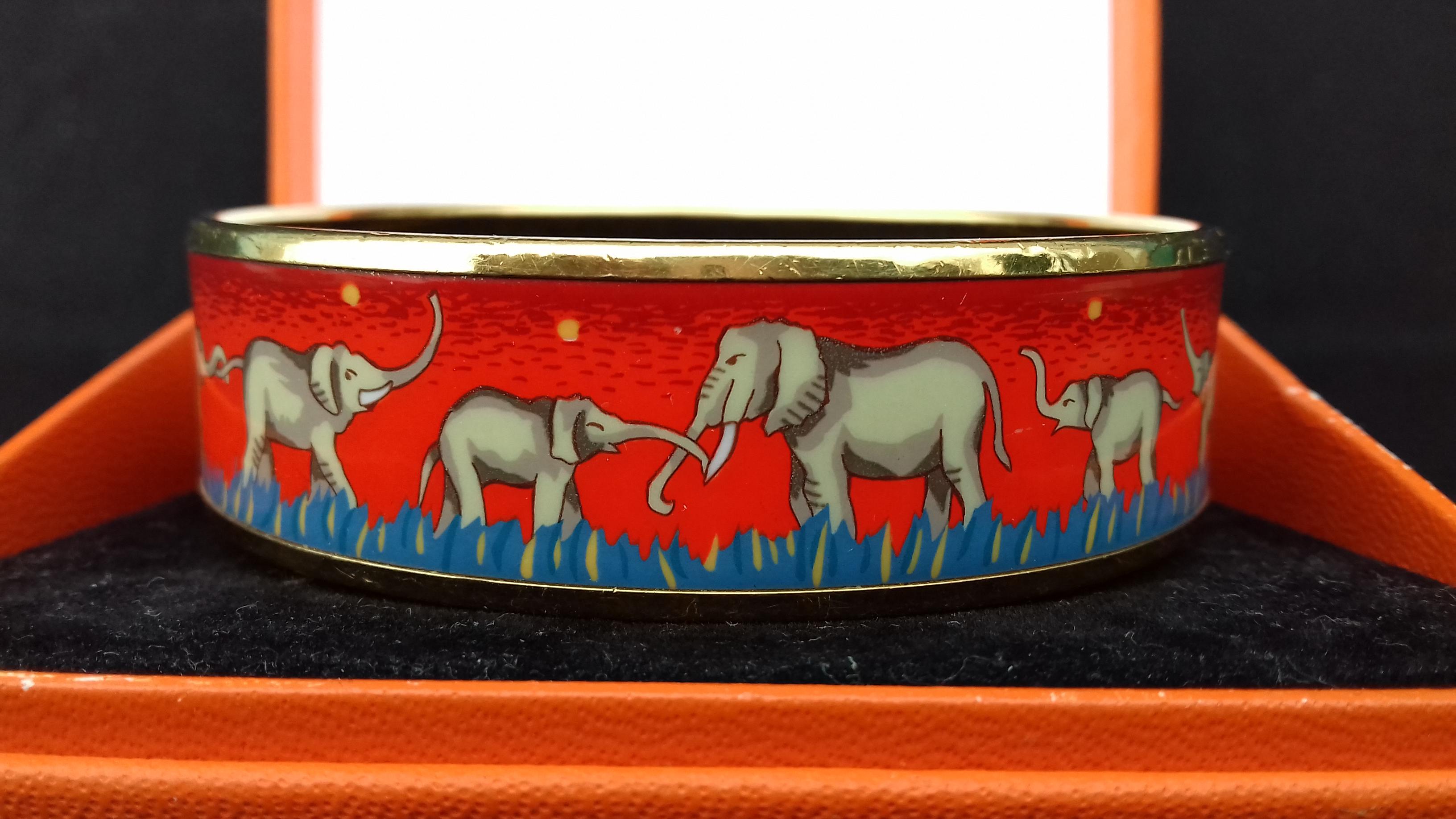 Hermès Enamel Printed Bracelet Elephants Grazing Red Ghw Size GM RARE 1