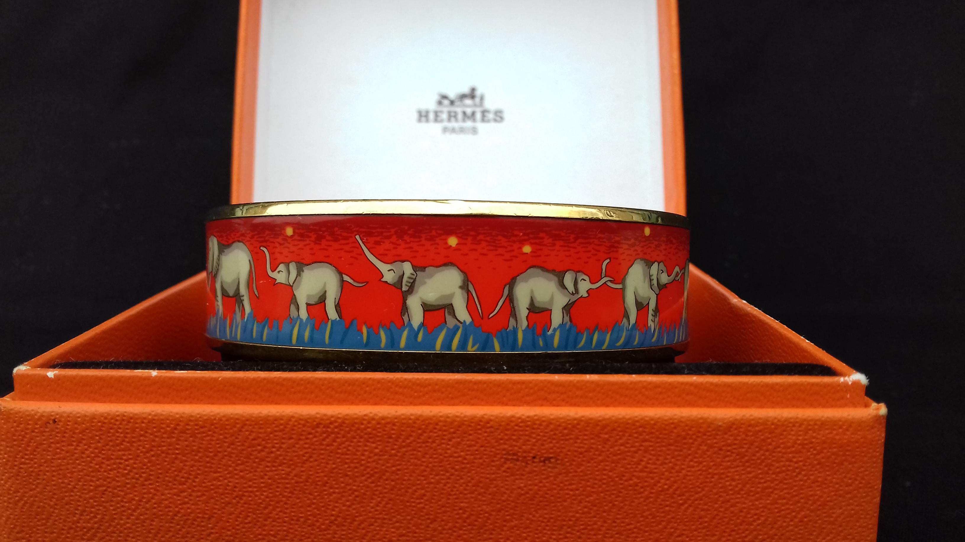Hermès Enamel Printed Bracelet Elephants Grazing Red Ghw Size GM RARE 2